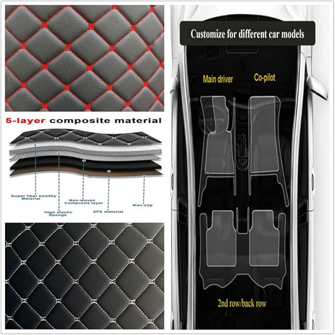 Custom Personalized Floor Mats for Cars - Luxury Full Coverage All Weather Mats, Anti-Slip Leather Mat Set, Fit for 99% of Cars, SUVs & Trucks (All Black, D-Diamond+Strip)