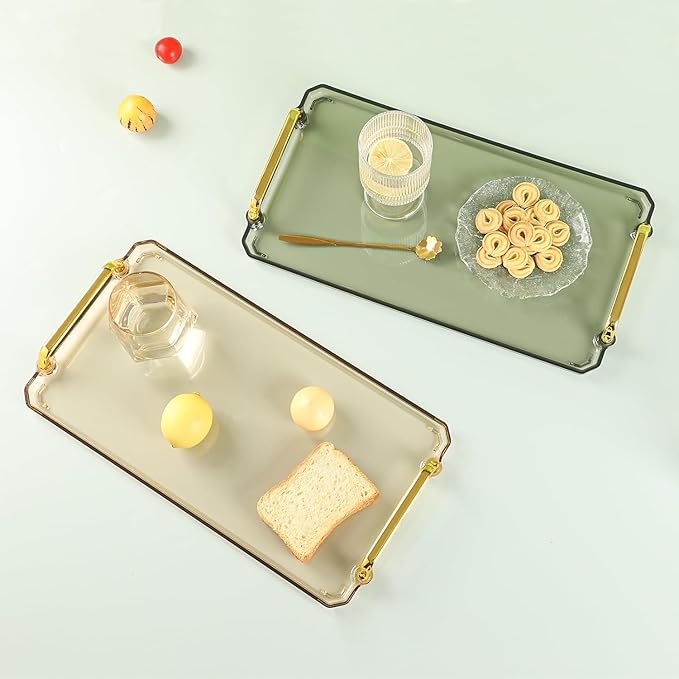 Acrylic Serving Tray with Handles, 16x9 Inch Ottoman Tray, Spill-Proof Coffee Table Tray for Couch, Bedroom & Countertop Decor (Green)