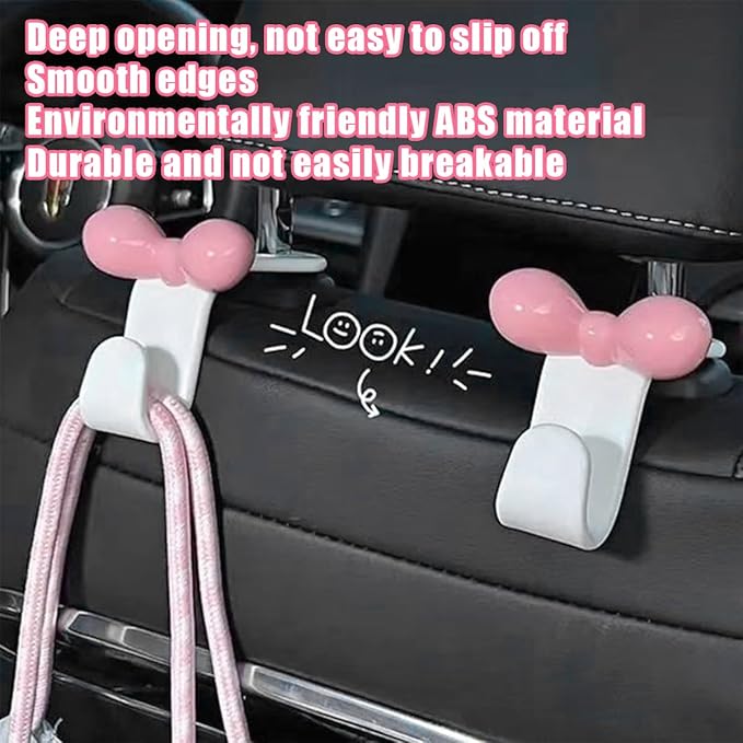 BELOMI 4PCS Car Seat Headrest Hooks, Cute Bow Vehicle Back Seat Hanger for Purses Bag, Auto Interior Backseat Storage Hanging Organizer Accessories, Universal for SUV Sedan Truck (White)