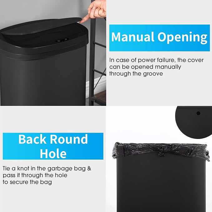 BestOffice Black Plastic Touch Free High-Capacity Garbage Can with Lid, 49L/13G, Rectangular, Quiet Close, Kitchen, Bedroom, Bathroom, Office