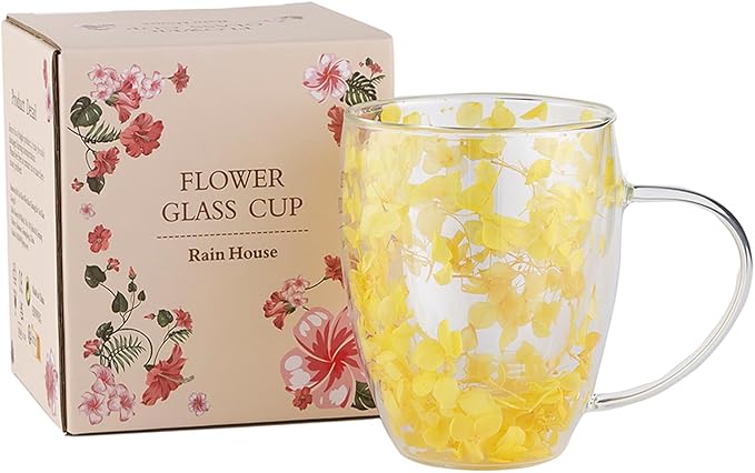 Double Glass Flower Tea Cup, Aesthetic Preserved Flower Cup, Cute Insulated Tea Cup with Handle, Heat Resistant & Lead-free Coffee Mugs, Gifts for Birthday Mother's Day, Perfect for Women Wife Mom (E)