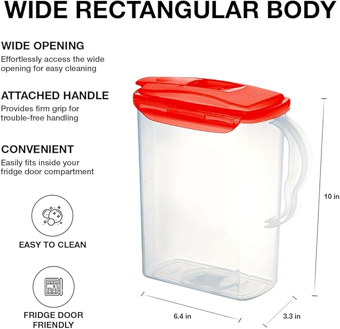 LocknLock HAP607R Aqua Fridge Door Water Jug with Handle, BPA-Free Plastic Pitcher with Flip-Top Lid and Easy-Pour Spout for Water, Juice, Tea, and Other Drinks, 3-Quart, Red