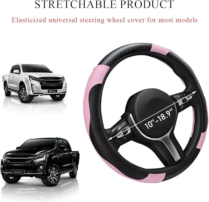 Elastic Steering Wheel Cover with Anti-Slip Lining - Microfiber Leather Carbon Fiber Steering Wheel Protector (Black + Pink)