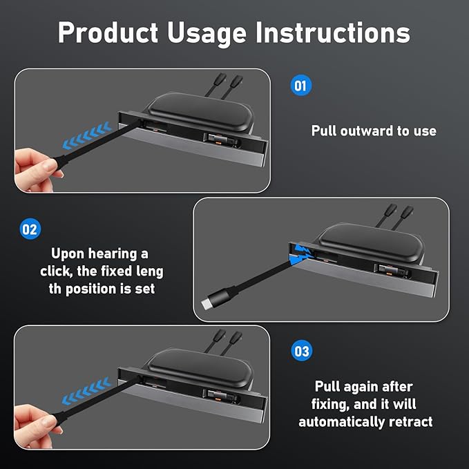 USB Charger Hub for Tesla Model Y 2021-2024 & Model 3 2021-2023 Accessories, Fast Charging Hub with Sliding Cover with Type-C+Lightning Retractable Cables (Not Fit Model 3 2024)