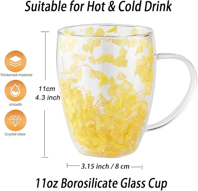 Double Glass Flower Tea Cup, Aesthetic Preserved Flower Cup, Cute Insulated Tea Cup with Handle, Heat Resistant & Lead-free Coffee Mugs, Gifts for Birthday Mother's Day, Perfect for Women Wife Mom (E)
