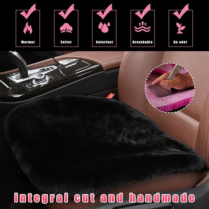 Sheepskin Car Seat Cushion, Comfortable Soft Fur Wool Auto Front Seat Cover, Vehicle Seat Protector Pad for Warm Winter Office Chair, Universal Decor Car Accessories (Black)
