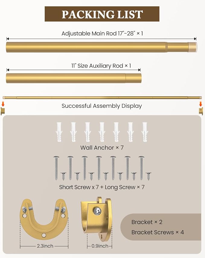 Heavy Duty Closet Rod, 17-39 IN Closet Rods for Hanging Clothes, Gold | Stepless Adjustable, Supports up to 66 lbs, Multiple Size Options, Easy Installation, Multi Purpose , Wall-Mounted