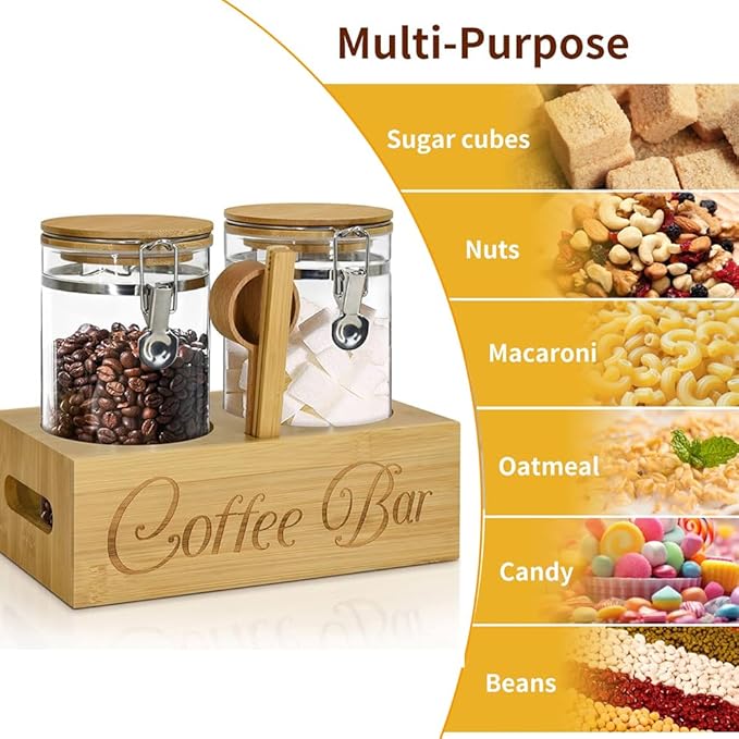 Glass Coffee Containers with Shelf & Scoop, 2 Pcs 48OZ Coffee Storage Jars with Airtight Lid for Coffee Beans, Nuts, Snack, Sugar, Tea, Wood color