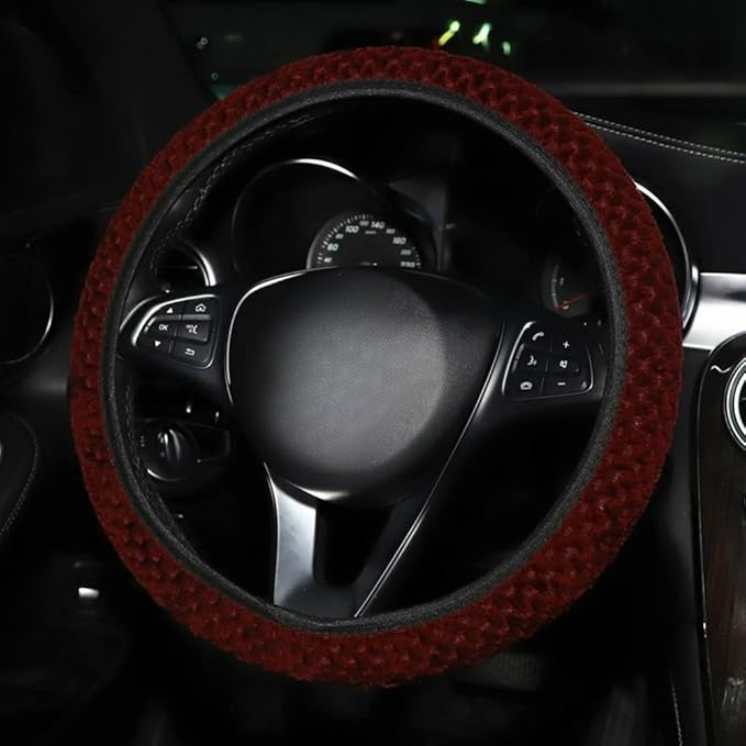 15 Inch Soft Dot Plush Steering Wheel Cover Anti-Slip Comfortable Winter Grip Universal Fit for Most Car Truck Vehicle SUV (Wine Red)