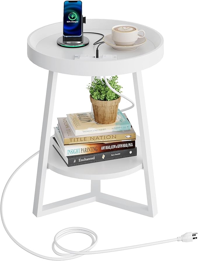 WLIVE Round End Table with Charging Station, Small Round Coffee Table, 2 Tier Side Table for Living Room/Bedroom, Sofa Couch, Wood Tabletop & Metal Frame, White