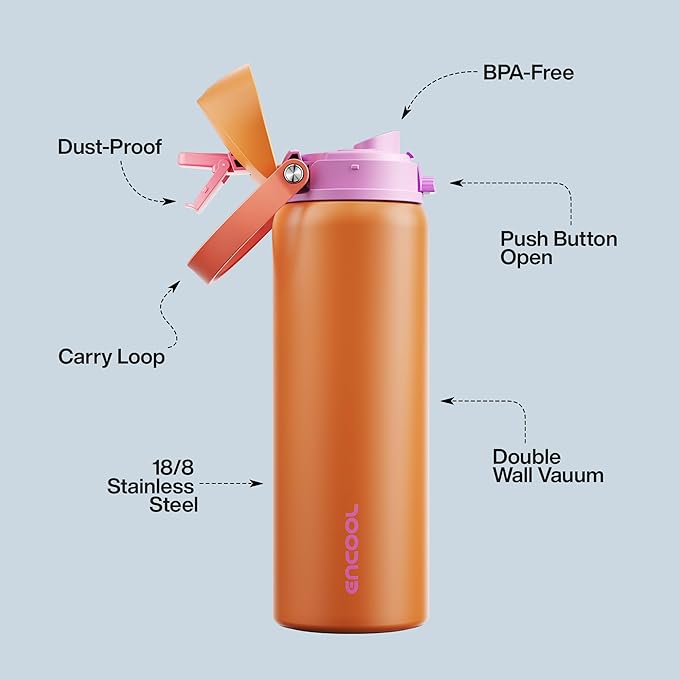 Insulated Water Bottle with Straw - Encool Stainless Steel Water Bottle with Push Button Lid, Leak-Proof & BPA-Free, Keeps Cold for 24 Hours for Sports, Travel, Gym (32 oz, Tiger Eye)