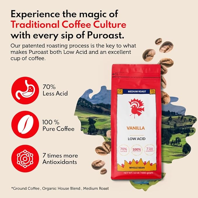 Puroast Low Acid Coffee Flavored Bean | Vanilla Whole Bean | Medium Roast | High Antioxidants & High pH |No Bitter Aftertaste | Reduced Heartburn & GERD | Suitable for Cold Brew - 2.2 LB