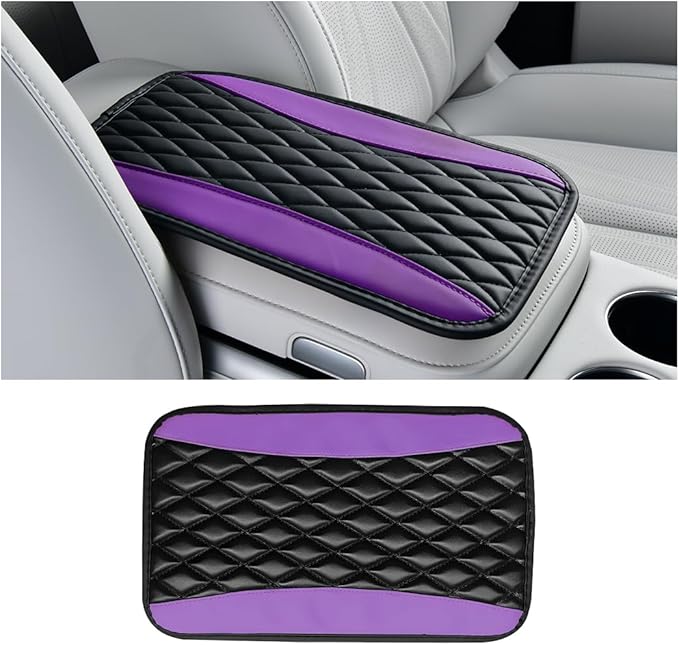 Car Center Console Cover, PU Leather Waterproof Vehicle Armrest Seat Box Protector, Automotive Interior Arm Rest Cushion Protection Accessories, Universal for SUV Sedan Truck (Black/Purple)