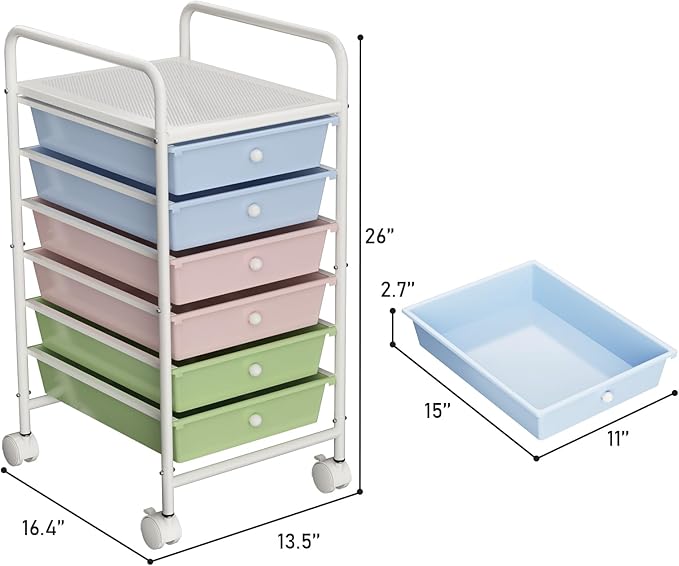 6-Tier Utility Cart with 6 Drawers, Rolling Utility Cart with 2 Lockable Caster Wheels, Multipurpose Mobile Rolling Drawer Cart for Office Bathroom Kitchen, Colorful