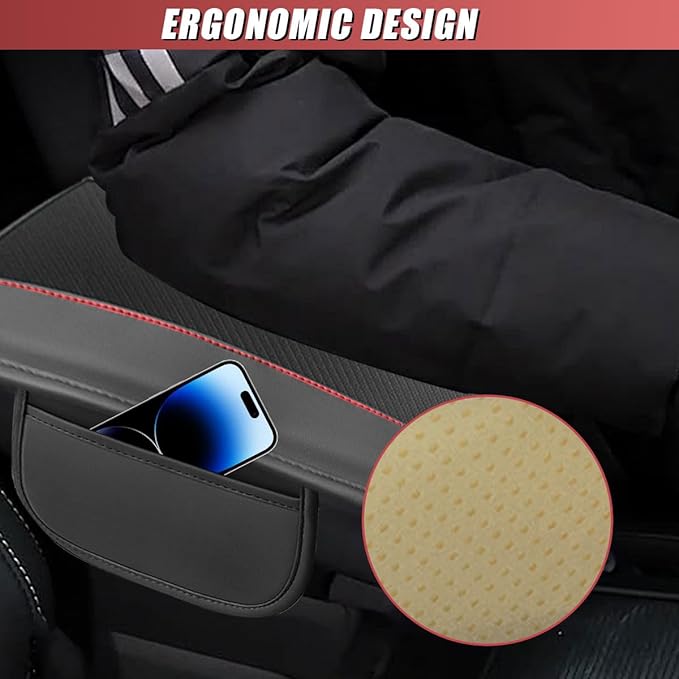 Car Center Console Cover, Carbon Fiber Leather Car Armrest Cover Protector, Auto Middle Console Support Pad with Side Storage, Universal Storage Box Cushion for Most Vehicle Interior (Black)