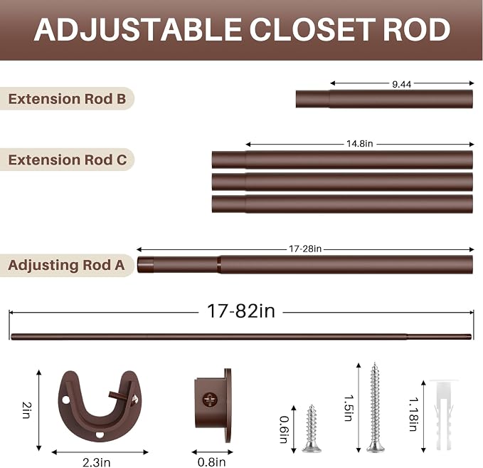 SUTINE Closet Rod - Closet Rods for Hanging Clothes, 17 to 82 inch Adjustable Closet Hanging Rod, Heavy Duty Clothes Rod Clothing Bar, Closet Poles for Hanging Clothes for Wardrobes, Shower Curtain
