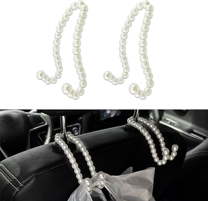2PCS Elegant Pearl Car Seat Headrest Hook, Purse Hook for Car, Multi-Functional Automotive Rear Seat Hangers, Auto Interior Accessories Cute Vehicle Backseat Storage Hanger for Women Girls