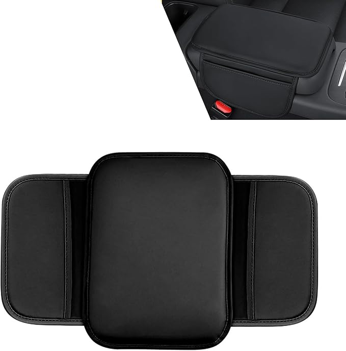 Car Center Console Cover, Car Leather Armrest Pad with 2 Storage Pockets, Center Console Anti-Scratch Booster Cushion, Universal Console Protector for Most Cars, SUVs and Trucks (Black)