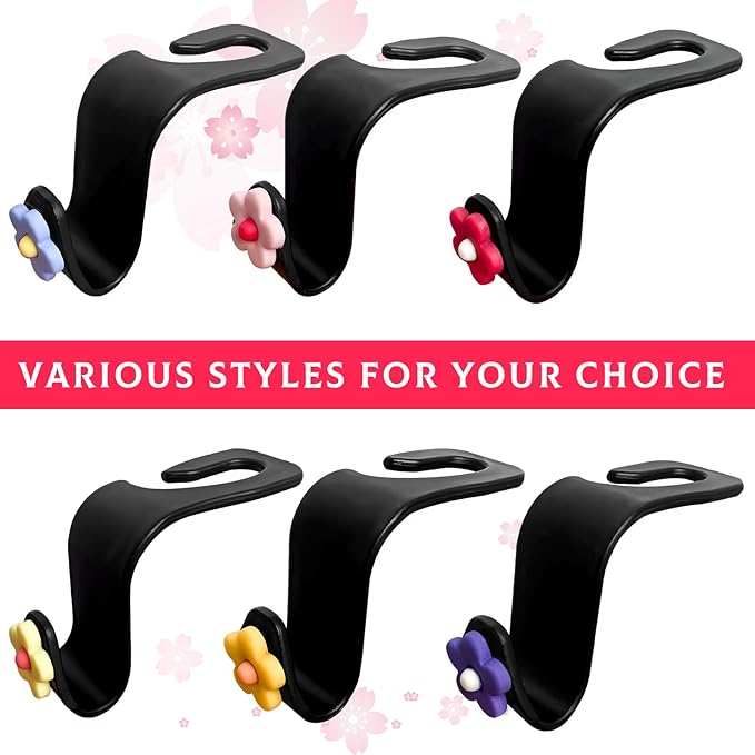 4 PCS Car Seat Headrest Hook, Plastic Headrest Hooks with Adhesive Flower, Auto Back Seat Hanger Storage Hook for Grocery Bag Purse Handbag Umbrella, Car Accessories (Pink+Red)