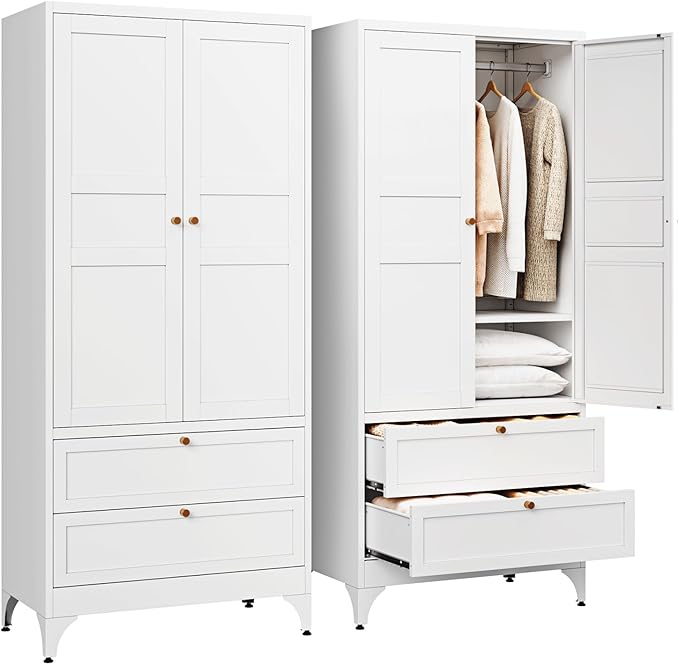 Letaya Metal Armoire Wardrobe Closet with 2 Drawers,18" Deep Clothing Storage Cabinet with Doors and Shelves,Coat Closet with Hanging Rod,Bedroom,Home,Cloak Room,White