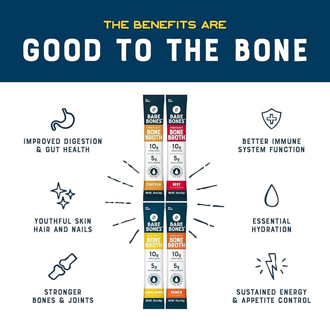 Bare Bones Bone Broth Powder Packets Variety Pack | 5 g Collagen | 10 g Protein | Keto & Paleo Friendly | No Artificial Flavors | Non-GMO, Gluten-Free, Dairy-Free on-the-go 16 Pack + Recipe Guide