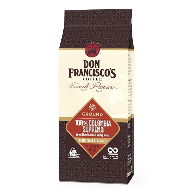 Don Francisco's 100% Colombia Supremo Ground Coffee, Medium Roast – 100% Arabica Coffee, 12 oz Bag