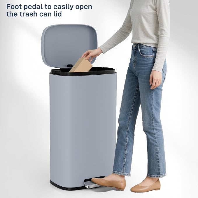 Arlopu 8/13.2 Gallon Step Trash Can, Stainless Steel Garbage Bin, Soft-Close Rubbish Bin with Removable Plastic Inner Bucket, Fingerprint-Proof, Lid Dustbin, Suit for Kitchen Home (Haze Blue, 30L)