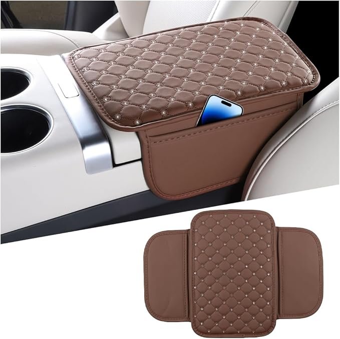 Bling Car Center Console Cover, Leather Crystal Rhinestone Vehicle Armrest Cushion Pad with Side Storage Bags, Scratch Resistant Auto Middle Console Protection Mat, Universal Fit (Coffee)