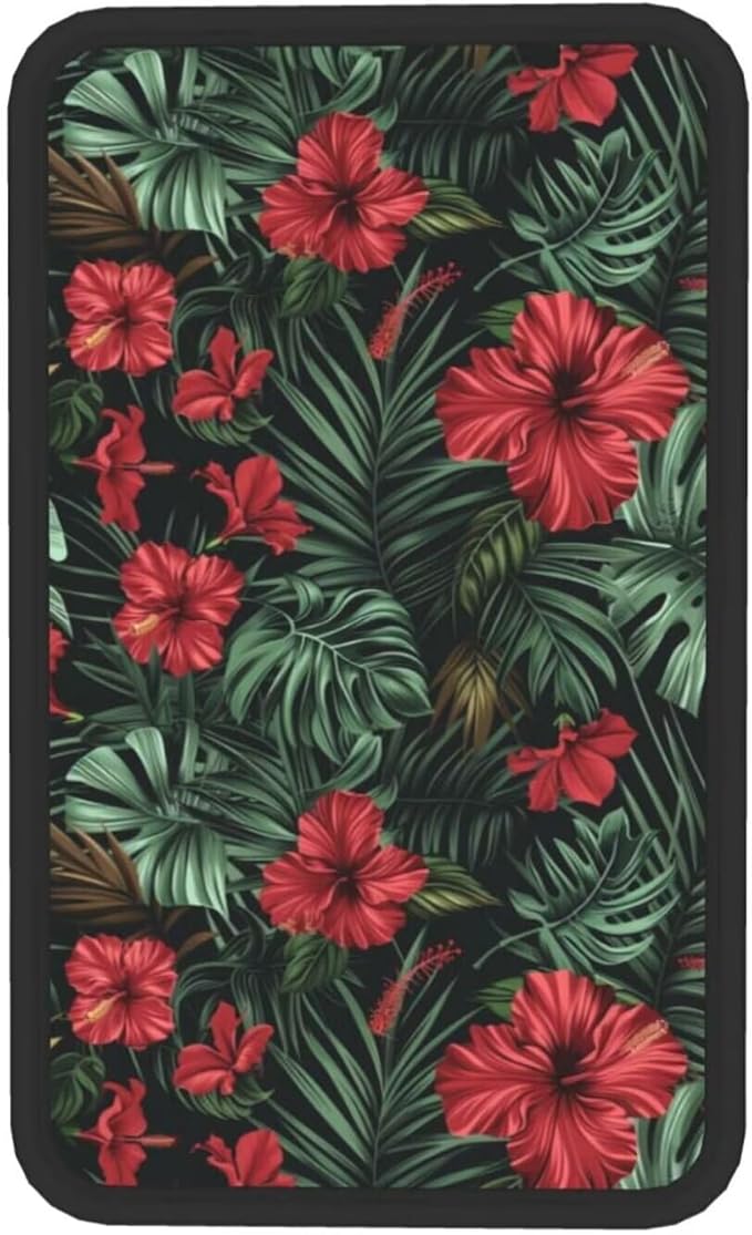 Red Hibiscus Auto Center Console Pad Aloha Palm Leaf Monstera Car Armrest Seat Box Cover Protector, Universal Non Slip Soft Center Console Armrest Pad for Vehicle, SUV, Truck