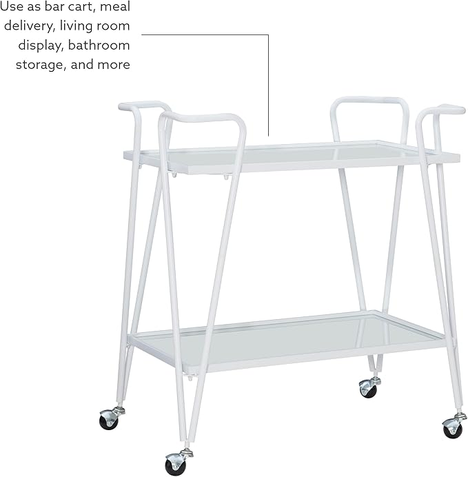 Gina White Mid-Century Bar Cart with Mirrored Shelves and Locking Wheels by Linon