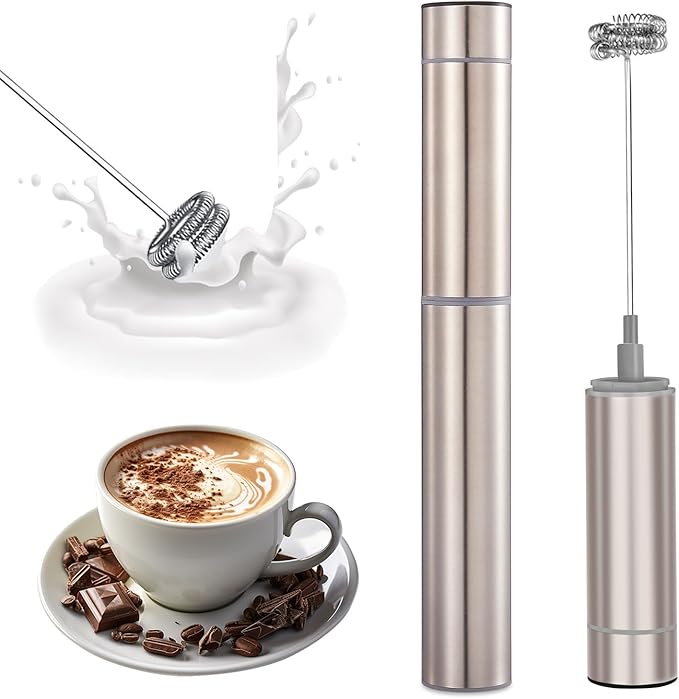 Electric Milk Frother Handheld Rechargeable with Cover-Coffee Frother Wand, Drink Mixer Handheld with 2 Detachable Stainless Whisks 2 Speed Adjustable for Latte, Cappuccino, Matcha, Egg (champagne)