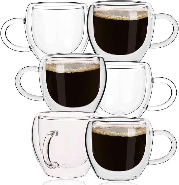 2.5oz Espresso Cups Set of 6, Small Expresso Coffee Cup, Expresso Shot Glass with Handle, Double Wall Insulated Espresso Mugs,Tazas de Cafe Expreso, Fit for Espresso Machine Accessories, Clear