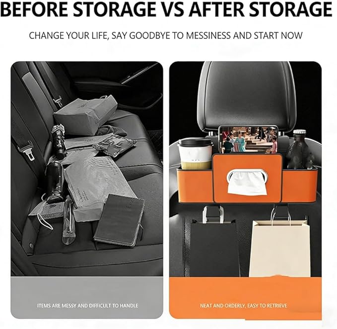 Car Organizers and Storage Box, Car Organizer Storage Box Back Seat, Multifunctional 3-in-1 Cars Organizer with Tissue, Tissue Boxs and Storages Hook, for Hold Phone, Drinks, Handbag (Orange)