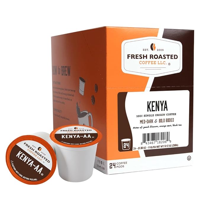 Fresh Roasted Coffee, Kenya AA, Med-Dark Roast, 24 Pods for K Cup Brewers