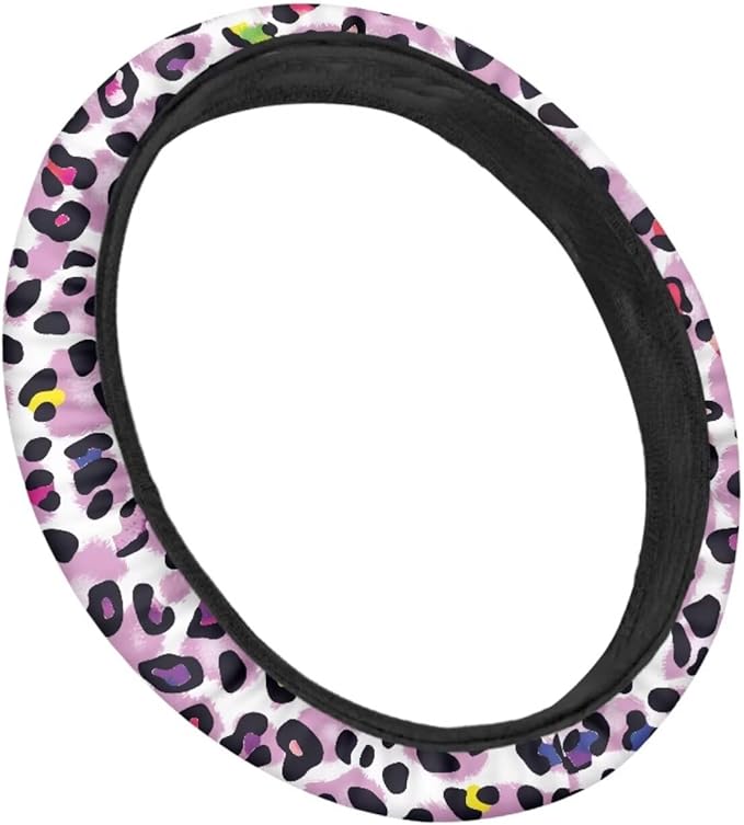 Universal Non-Slip Steering Wheel Cover, 15-inch Polyester Material Driving Accessories, Adjustable for Car and Truck(Vintage Lavender Colorful Leopard)