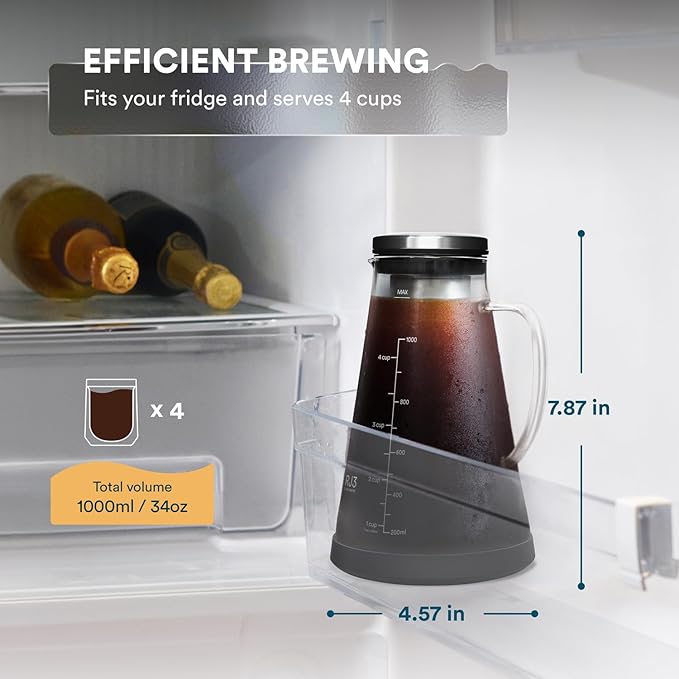 OVALWARE Stainless Steel Filter with Airtight Cold Brew Iced Coffee Maker 1.0L/34oz