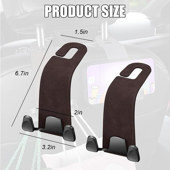 Car Seat Headrest Hook, 2PCS Leather & Metal Double Hook Vehicle Back Seat Hanger Holder for Phone Handbag Purse, Automobile Storage Organizer, Universal for Van Truck Sedan (Brown)