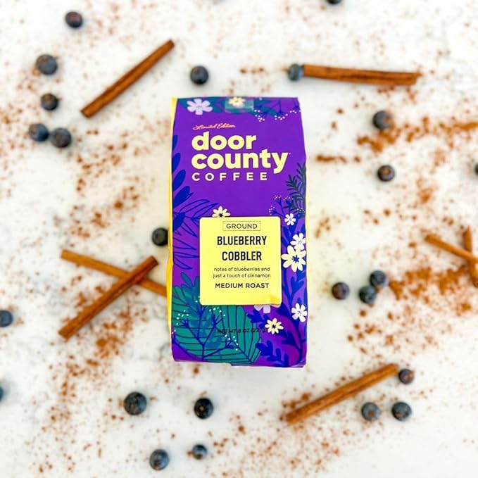 Door County Coffee Blueberry Cobbler, Flavored Ground - 8 oz Bag - Spring & Summer Seasonal - Medium Roast - 100% Specialty Arabica - Blueberry, Cinnamon Flavored