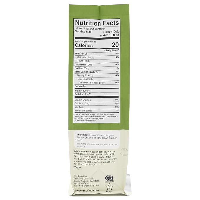 Teeccino Chicory Coffee Alternative, 11 Ounce - Original Herbal Coffee, Ground Herbal Coffee That’s Prebiotic, Caffeine-Free & Acid Free, Dark Roast