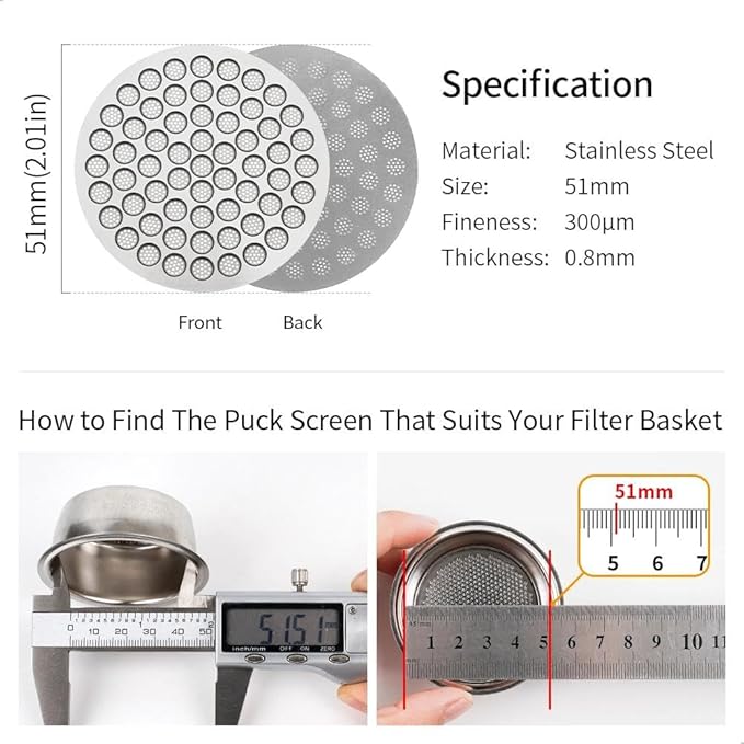 watchget 51mm Espresso Puck Screen Reusable Mesh Coffee Filter 0.8mm Thickness Puck Screen Stainless Steel Lower Shower Screen for 51mm Protafilter Basket
