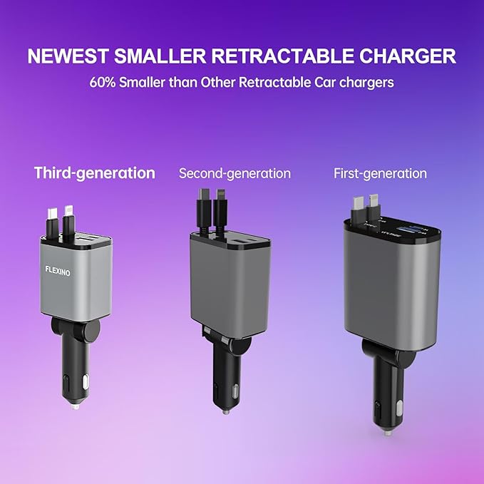 Flexino Retractable Car Charger for iPhone 16, 69W Fast Charging Car Charger USB C, Car Chargers with 2 Retractable Cords 2.6ft, Car Adapter for iPhone 16/15/14/13/12 Series, Galaxy (Grey)