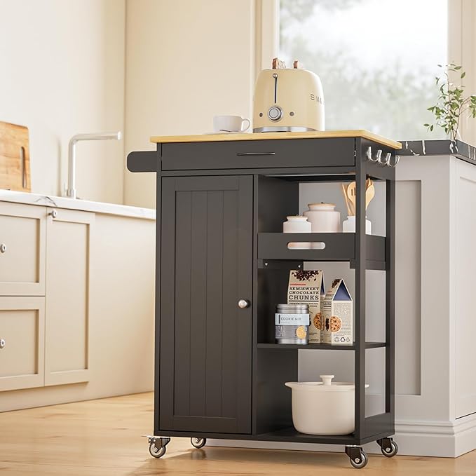 Gizoon Kitchen Island Cart with Solid Wood Top, Rolling Serving Utility Trolley Cart with Drawer, Cabinet, Towel Rack, Hooks and 3 Open Storage Shelves, Mobile Storage Cart for Dining Room, Bar, Black