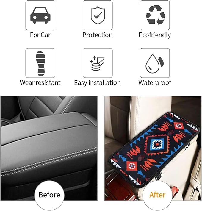 Center Console Cover for Car SUV Truck Van Sedans Western Abstract Armrest Cover Geometry Ethnic Arm Rest Covering Navajo Southwest Console Cushion Pad