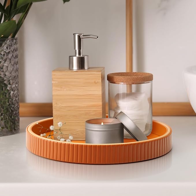 SANZIE Leather Tray Desktop Storage Organizer Premium Serving Trays Decorative Tray Valet Trays for Sundries Cosmetics Phone Wallet Cutlery (Orange Disc)