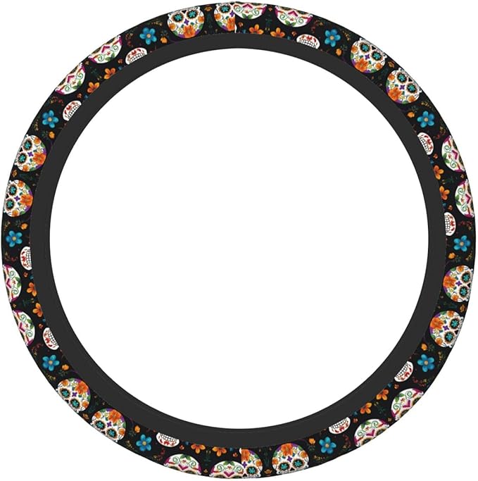 Flower Skull Pattern Neoprene Steering Wheel Covers Women Men Car Accessories, Universal 15 Inch Fit Auto, Suvs, Truck