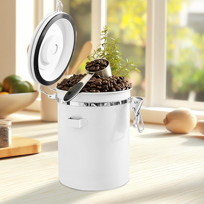 Coffee Canister with Airtight Lids, DSIOHFEI 18oz Stainless Steel Kitchen Food Storage Container for Coffee Beans, Grounds, Sugar, Flour, Tea, with Scoop and Date Tracker, Coffee Bar Decor Accessories