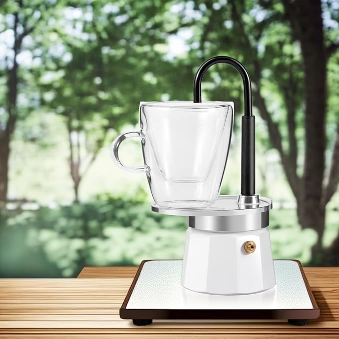 MVPLUE-Mini Express Swiss Single Tube Moka Pot Aluminum Ivory white，Moka Set includes One Double Wall 3oz Cup,Enjoy delicious coffee in no time