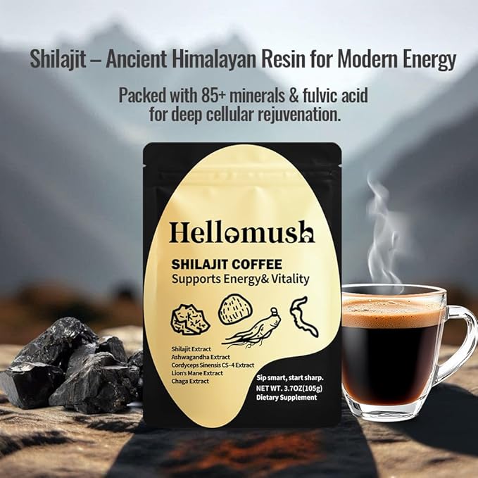 Hellomush Organic Shilajit Coffee - Premium Himalayan Shilajit Coffee Blend With Cordyceps, Lion's Mane, Chaga & Ashwagandha - Natural Energy & Focus Booster - Superfood with Rich Flavor - 3.7 oz
