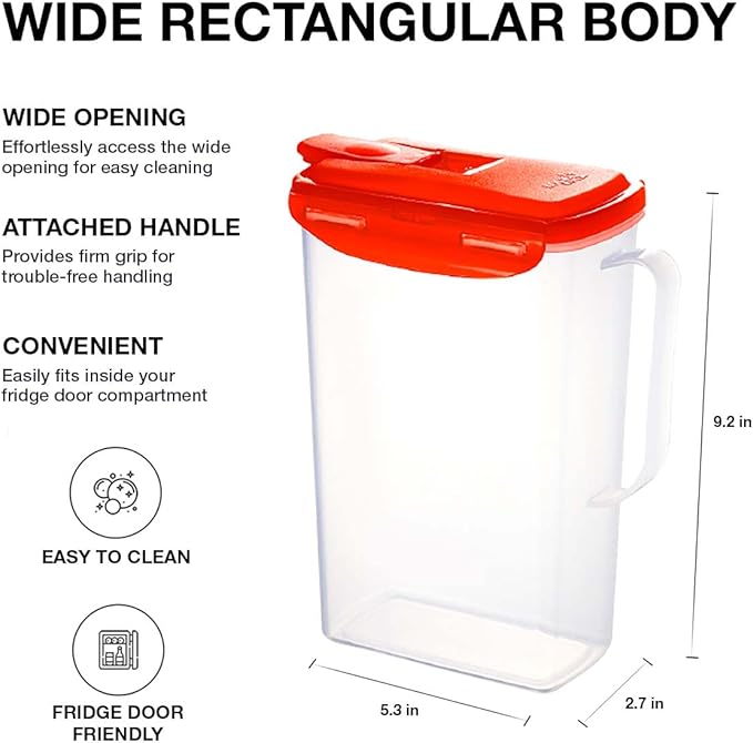 LocknLock Aqua Fridge Door Water Jug with Handle BPA Free Plastic Pitcher with Flip Top Lid Perfect for Making Teas and Juices, 2 Quarts, Red