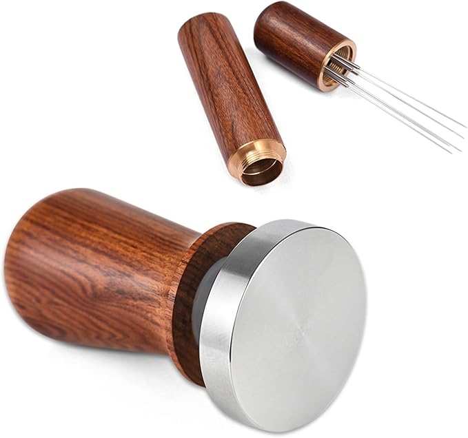 51mm Espresso Tamper & Stirrer Set Coffee Calibrated Tamper with Excellent Quality Spring Loaded Flat 304 Stainless Steel Base Barista Wooden Handle Press and WDT Tool for Espresso Machine Accessories